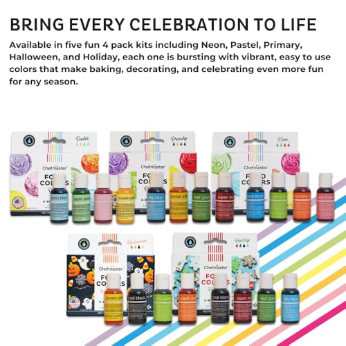 Chefmaster - Holiday Colors Liqua-Gel Food Coloring Kit - Water-Based Food Coloring Gel - 4 Pack - Highly Pigmented, Create Vividly Colored Desserts, Christmas, XMas - Made in the USA