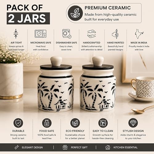 Image of Ceramic Kitchen Jars for Storage | Air Tight Containers with Wooden Lids | Masala, Salt, Pickle, Dry Fruits & Multi Utility Items Organiser Set (Hand-Painted, Black Hut, 450 ML, Pack of 2)