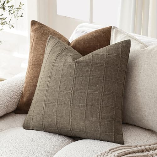 Image of Foindtower Set of 2 Decorative Linen Check Throw Pillow Covers Neutral Farmhouse Vintage Cushion Covers Modern Boho Home Decor for Sofa Chair Couch Bedroom Living Room,16x16 Inch,Light Brown