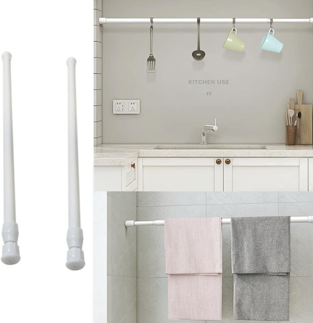 2 Pack Adjustable Spring Tension Curtain Rod for Cupboard Bars, White Extendable Small Short 15.7-28 inch Spring Tension Closet Rods for Shower Bathroom Window Wardrobe