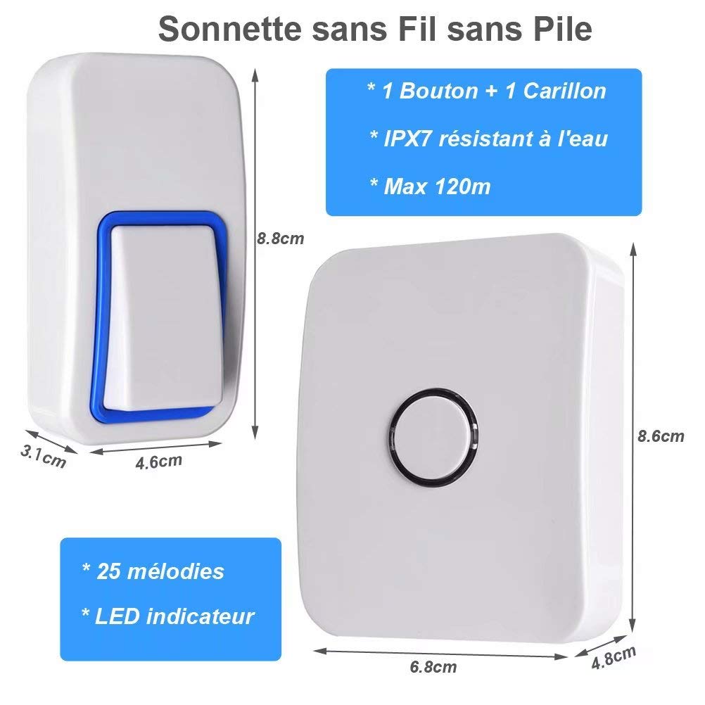 Sonnette sans fil, WGOAL sans pile requise, sans câblage, 1 émetteur enfichable 1 réceptacle, IPX7 Sonnette sans fil étanche avec lumières LED Effet clignotant, portée de 120 m, 25 sonneries, blanc