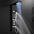 OUGOO Shower Panel System with Led Lights Rainfall & Waterfall Shower, 5 Body Jets, Handheld and Temperature Display, Water Powered Led Shower Tower Column Stainless Steel, Black