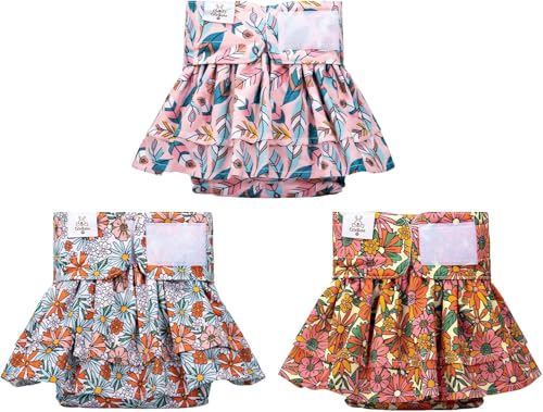 Image of CuteBone Female Dog Diapers with Skirts 3 Pack Reusable Puppy Dresses Pants for Heat Cycle Period QBD12S