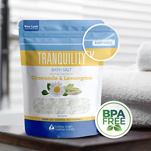 Tranquility Bath Salt 32 Ounces Epsom Salt With Natural Geranium, Chamomile, Lavender And Lemongrass Essential Oils Plus Vitamin C In Bpa Free Pouch With Easy Press-Lock Seal #TOP4