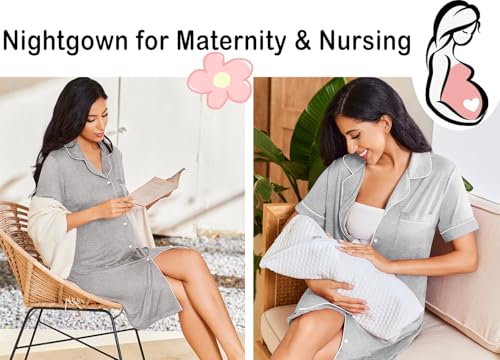 Image of Ekouaer Nightgowns for Women Button Down Sleepshirt Short Sleeve Nightshirt Boyfriend Pajamas V Neck Nightdress S-XXXL