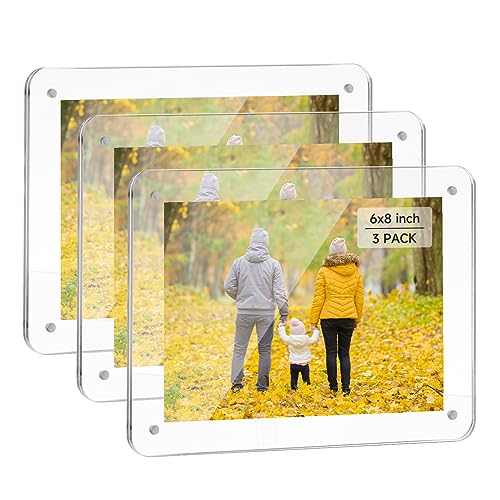 WHALE STORE 6x8 Acrylic Picture Frames - 3 Pack, Clear Frameless 6x8 Inches Photo Frames with Magnetic, Double Sided Transparent Desktop Frame(3 Pack)