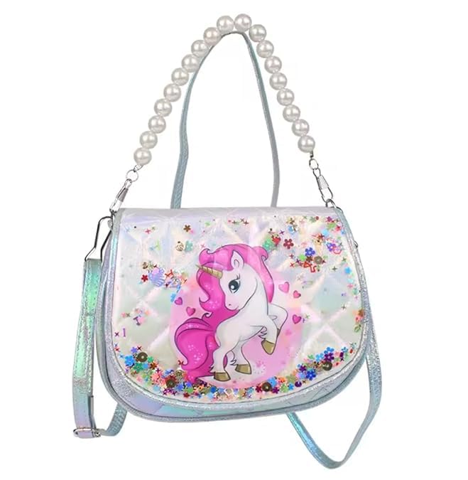agc Sling Bag For Girls, Unique Fashionable Mini Glittery Unicorn Purse Handbag Crossbody Bags For Kids Girls With Pearl Handle And Long Adjustable Strap (Pack Of 1) (Multicolor)-picture-46