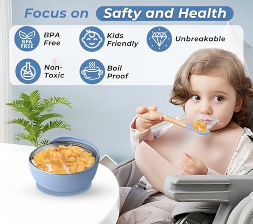 Image of NYALA Stainless Steel Toddler Plates Silicone Suction, Non-Slip Baby Plates BPA Free,Unbreakable Dishwasher Safe (Blue, Bowl)