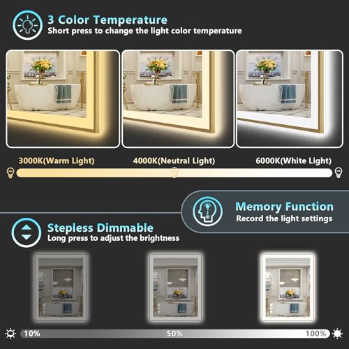 Image of 24x32 Gold LED Bathroom Mirror with Lights, Brushed Gold Framed Backlit and Front Lit Anti-Fog Lighted Vanity Mirrors for Bathroom Wall, Dimmable, 3 Colors, Memory, HD Tempered Glass, CRI 95