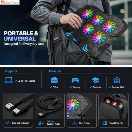 Image of Bonkaso RGB Laptop Cooling Pad for Up to 15.6 Inch Laptops, 6 High-Speed Fans, 1900 RPM, Digital LED Display, 5-Level Height Adjustment, Dual USB, Iron Mesh, Ultra-Quiet