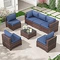 Amopatio 7 Piece Outdoor Patio Furniture Set, Rattan Conversation Sectional Sets for Porch Deck, Patio Couch with Tempered Glass Tea Table, Thickened Blue Cushions for Porch Backyard Lounge