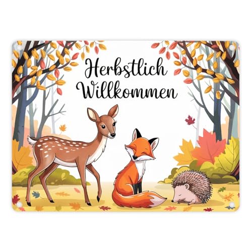 Herbstlich Willkommen Metallschild in 15x20 cm mit Tieren des Waldes...