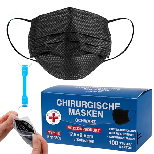 100 Medizinisch Type IIR Norm EN14683 zertifizierte Mundschutzmasken OP Masken 3-lagig Mundschutz Gesichtsmaske Einwegmaske BFE ≥ 98% surgical mask (100 Einheiten (1 Stück), Schwarz, 100)
