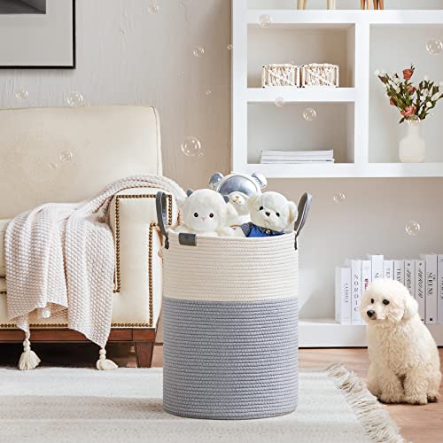 Image of VIPOSCO 58L Tall Woven Rope Laundry Hamper, Leather Handles, Grey & White | Large Wicker Laundry Basket for Dirty Clothes, Blanket, Toy, Towel, Yoga Mat, Storage Bin in Bedroom, Bathroom, Living Room