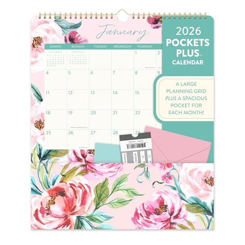 Orange Circle Studio Pockets Plus Wall 2026 Calendar, Bella Flora, Large Monthly Planner, Hanging Organizer, Aesthetic for Home Office, Classroom, School, Family Calendar, Easy Planning & Organizing