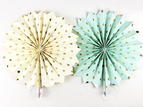 Sunbeauty Mint Cream Gold Paper Pom Poms Flowers 10Pcs Gold Dot Paper Fans Collection Wedding Bridal Shower/ Bachelorette Party Decorations #TOP4