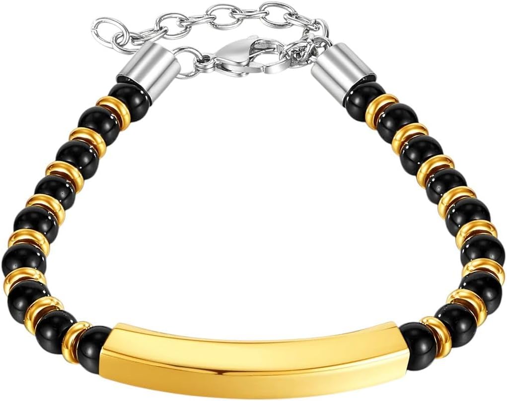 New 2025 Unisex Mens Women Id Bracelet Stainless Steel Black Agate Ball Beaded Chain Extended 8.26Inch +6Cm N1552 Jewelry Findings Fashion Trendy Accessories Creative Gift for Women and Men