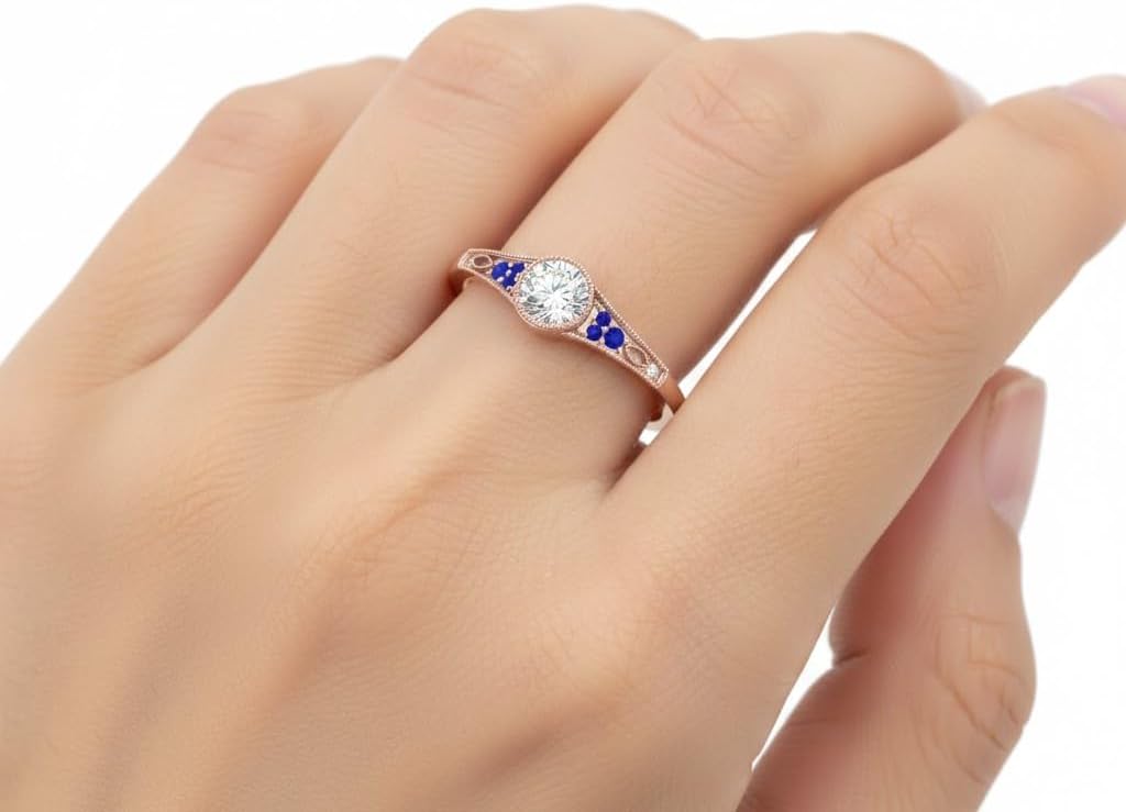 Choose Your Gemstone Bezel Vintage Round Diamond CZ Ring Rose Gold Plated Round Shape Vintage Engagement Rings Minimal Modern Design Birthday Gift Wedding Gift US Size 4 to 12