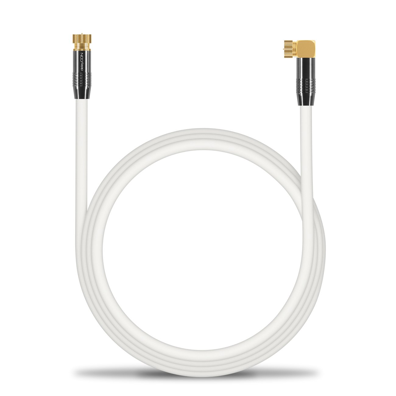 deleyCON 3,0m SAT Cavo Dell'Antenna Cavo Coassiale - HDTV Full HD - F-Connettore 90° Angolato a F-Connettore Dritto - Tappo di Metallo - Bianco