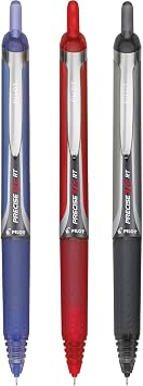 Precise V5 RT Retractable Rolling Ball Pens, Extra Fine Point .5mm, Assorted Colors Black/Blue/Red Ink, 3-pk; Premium Comfort Grip, Bundle with Plastic Reusable Pouch