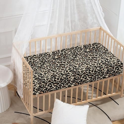 Image of Brown Leopard Baby Crib Sheets for Boys Girls Animal Print Fitted Crib Sheet for Standard Crib and Toddler Mattress Animal Skin Baby Mattress Sheets Toddler Bed Sheet 52x28x8 in