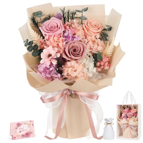 Preserved Flowers Bouquet Flowers Delivery Next Day Prime Real Forever Roses Bouquet Last 3-5 Years for Women Mom Wife Girlfriend Anniversary Christmas Thanksgiving Birthday valentines for Her (Pink)