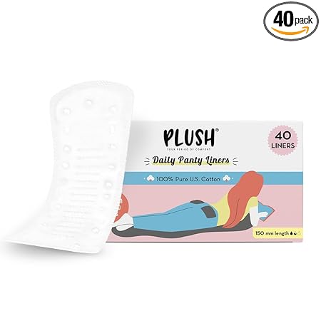 Plush Ultra Thin Panty Liners For Women Daily Use, 40 Liners 150mm | Pure US Cotton Liner Pads For Rash Free Periods | Soft Cotton Surface For Comfort On Non-Period Days | No Toxins & Paraben Free