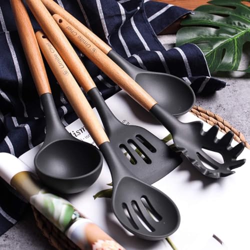 Image of Silicone Kitchen Utensil Set with Wooden Handles, 12 Piece Cooking Spoon Set with Holder, Dark Grey