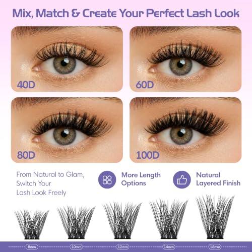 Image of Lash Clusters Kit, Eyelash Clusters Kit D Curl Natural Volume Cluster Eyelash Extensions, Individual DIY Lashes with Bond Seal Tweezers Remover, 8-16mm 650Pcs (40D+60D+80D+100D)