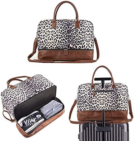 Women Canvas Travel Weekender Overnight Carry-on Duffel Bag with Shoe Compartment(Leopard) 4 Women Canvas Travel Weekender Overnight Carry-on Duffel Bag with Shoe Compartment(Leopard)