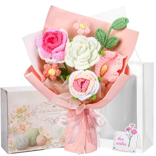 MengxFly Crochet Flower Bouquet Pink Handmade Crochet Flowers Bouquet Knitted Floral Gift for Her Mothers Day Birthday for Women Wife Mom Girlfriend with Gift Box Bag and Card