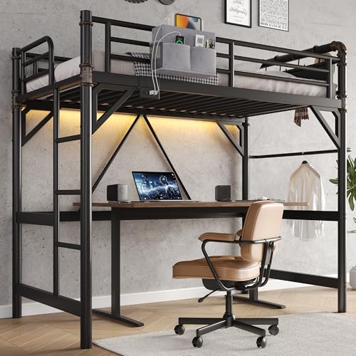 Twin Size Loft Bed with LED Lights and Charging Station, Industrial Heavy Duty Metal Loft Bed Frame...