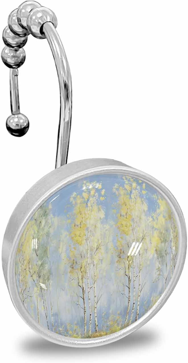 Shower Curtain Hooks 12 Pcs Yellow Trees Forest Impressionist Oil Painting Art Stainless Steel Rust Proof Rolling Shower Curtain Rings, Decorative Shower Curtain Hooks Hangers for Bathroom