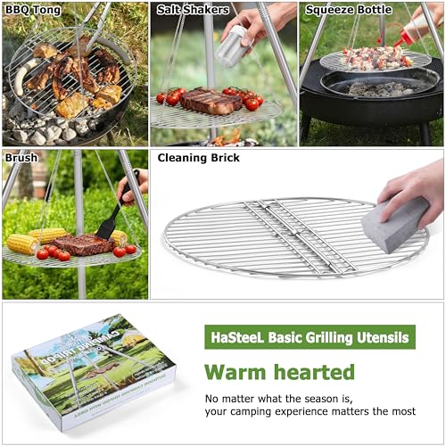 Image of HaSteeL Campfire Tripod for Cooking, Stainless Steel Camping Tripod Grill for Outdoors Beach Backyard Firepit BBQ, Openfirer Stand Hanger with 17 inch Folding Rack & 6 Barbecue Tools, Adjustable Height