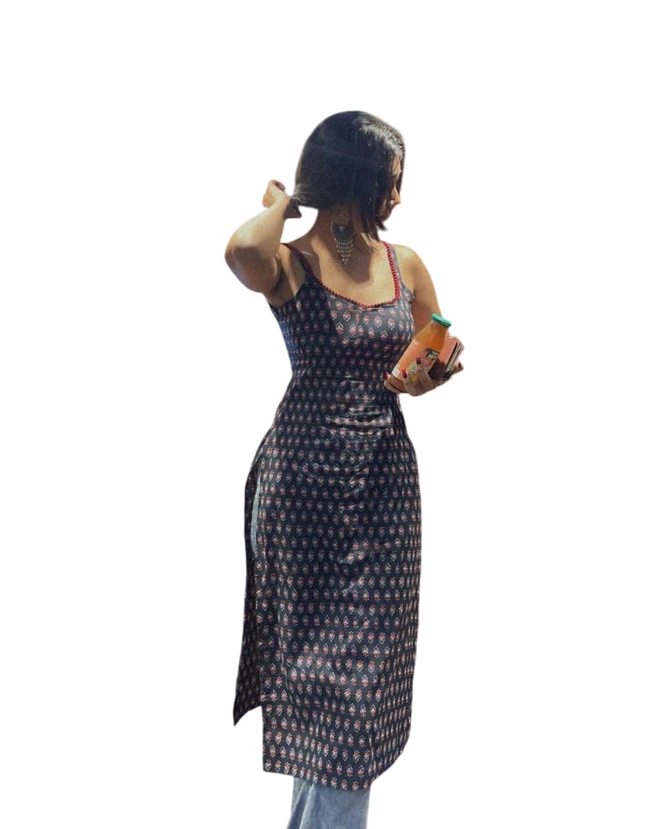 Women's Navy Blue Cotton Kurti with Red Floral Print, A-Line Silhouette, Spaghetti Straps, Summer Casual Wear-image-32