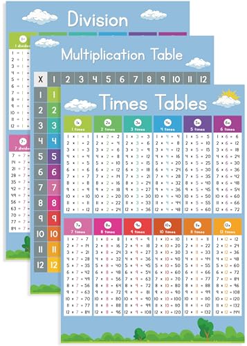 labelandleaf Times Tables Poster Multiplication Division - Set of 3 x A3 450gsm Laminated - Educational Maths Wall Chart (29.7cm x 42cm each)