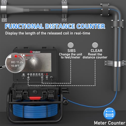 Image of Sanyipace Pipe Inspection Camera, 165FT /50M Sewer with Distance Counter, 1080P Waterproof Drain for Plumbing Duct Inspection, 9 inch Screen, 4500mAh Battery, 12PCS LED Lights, 5X Zoom