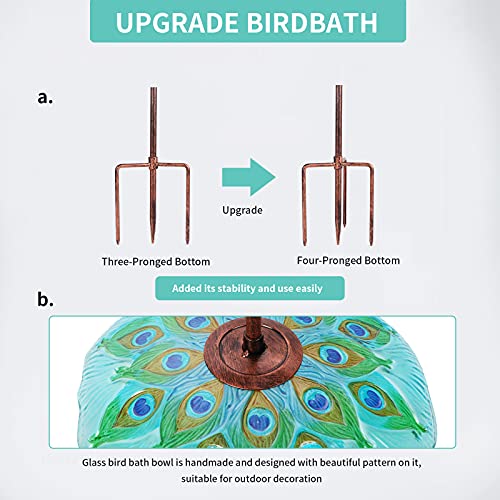Mumtop Glass Bird Bath, Garden Outdoor Birdbaths Birdfeeder With Metal Stake Peacock #TOP4