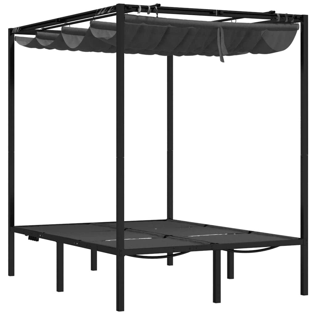 Lit de bain double avec rideaux latéraux et auvent supérieur anthracite, dossier réglable pour détente dans le jardin, piscine patio, cadre stable en acier peint