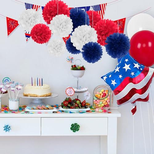 Image of 18 PCS Tissue Paper Pom Poms, Tissue Pom Poms Flowers, Sizes of 6 inch, 10 inch, 12 inch, 14 inch Hanging Paper Flower Ball for Independence Day, Fourth of July, Baby Shower Party Decor (Red Blue White)