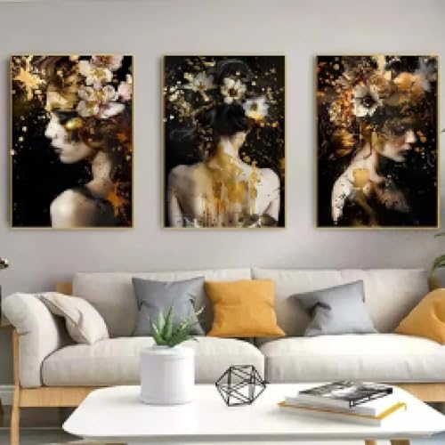Toile murale abstraite noir et or pour salon moderne
