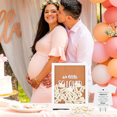Baby Shower Guest Book Alternative Party Decorations, 12.8x10.4in Frame with 50 Elephant Wooden Tokens & Romper Sign, Gender Neutral Safari Nursery Decor Keepsake So Little So Loved by FAMIWIN - Image 7