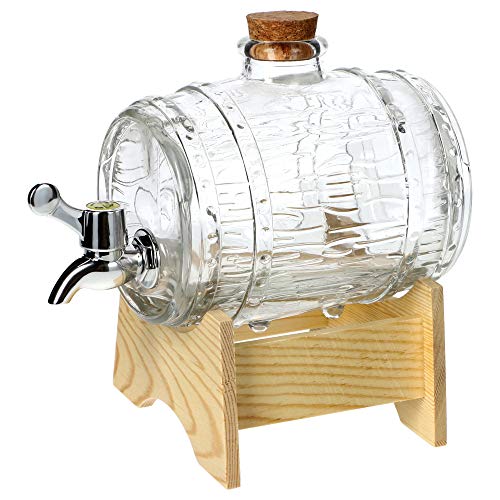 KADAX Barril de vidrio con grifo, dispensador de bebidas de cristal, 1 a 3,8L, dispensador transparente con base de madera, Barril Dispensador de Licor (1 L)