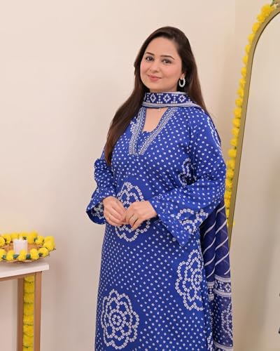 Image of Klosia Women Pure Cotton Kurta Pant Set with Dupatta | Bandhani Print Kurta Sets for Women | Comfortable Suit Sets|Regular Fit
