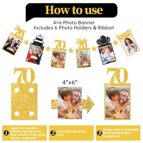 Image of Guiruiy Black Gold 70th Birthday Decorations for Men Women, Pre-strung Glitter Happy 70th Birthday Hanging Photo Banner Party Supplies, Cheers to 70 Years Old Bday Banners