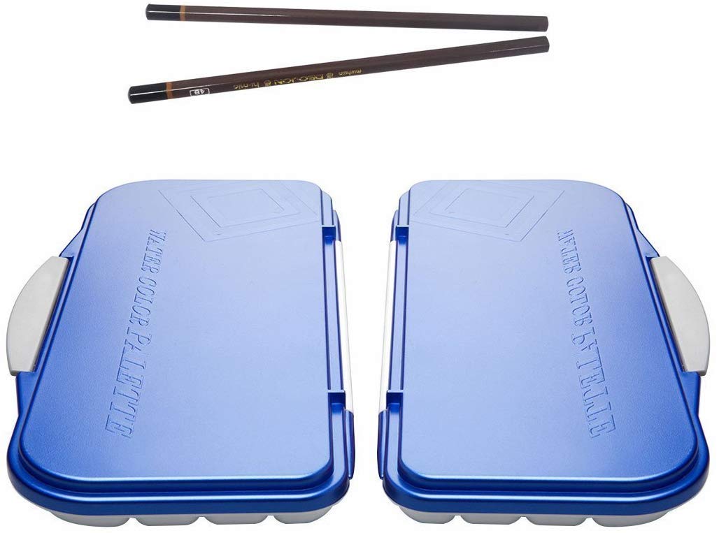 Mijello Blue Airtight Watercolor 18-Well Palette 2 Pcs (4B Art Pencil X 2 Gift)