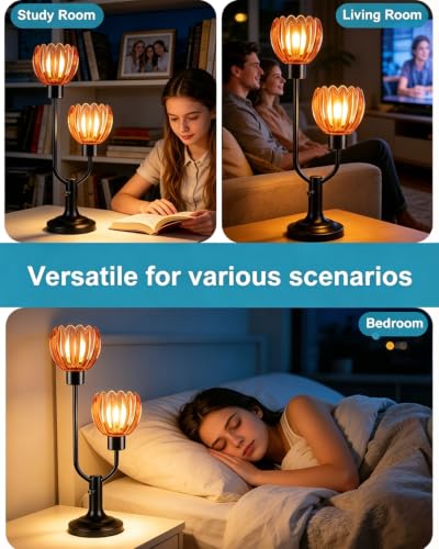 Image of Lightdot Mid Century Modern Flower Table Lamp for Living Room Pink Dimmable | Nightstand Lamp Glass Vintage Black Desk Lamp 2 Bulbs Included Warmwhite Ambient Bedside Lamps for Bedroom Home Decor Gift