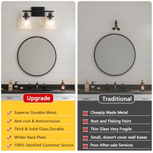 Image of JOPESO Bathroom Light Fixtures,Matte Black 2-Light Bathroom Lights Over Mirror with Glass Shade,Bathroom Wall Sconce Lamp for Mirror Living Room Bedroom Hallway (Black, 2-Light)