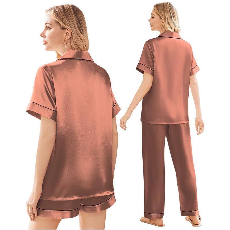 Image of Ekouaer Silk Pajamas for Women Set Satin Soft Short Sleeve Button Down Pjs
