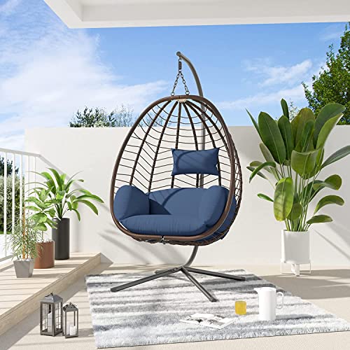 Hanging Egg Swing Chair Patio Wicker Rattan Hanging Chair With Stand Hammock Chair 350Lbs Capacity W/Strong Frame & Uv Resistant Cushions For Balcony Bedroom Outdoor Indoor Navy Blue #TOP27